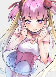 Rule 34 | 1girl, bare arms, blonde hair, blunt bangs, blush, breasts, bright pupils, cleavage, closed mouth, commentary, commission, cowboy shot, dot nose, double finger heart, dress, english commentary, finger heart, frilled dress, frilled sleeves, frills, grey background, hair ornament, heart, highres, indie virtual youtuber, kyoresu, long hair, looking at viewer, medium breasts, multicolored hair, natsuoden, pink dress, pink hair, purple eyes, second-party source, short dress, short sleeves, sidelocks, simple background, smile, solo, standing, star-shaped pupils, star (symbol), straight hair, symbol-shaped pupils, thigh gap, thighs, twintails, two-tone dress, two-tone hair, very long hair, virtual youtuber, white dress, white pupils