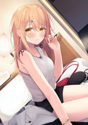 Rule 34 | 1girl, adjusting hair, bag, bed, bed sheet, black skirt, blonde hair, blush, bracelet, desk, desk lamp, dutch angle, hair ornament, hand in own hair, highres, jacket, jewelry, lamp, long hair, looking at viewer, miniskirt, on bed, open mouth, original, pillow, sasahara wakaba, sitting, skirt, solo, tank top, white tank top, yellow eyes