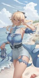 Rule 34 | 1girl, absurdres, armpits, bare shoulders, beach, blonde hair, blue eyes, blue footwear, blue sky, bow, breasts, commentary, detached sleeves, genshin impact, hair between eyes, hair bow, high-waist shorts, highres, jean (genshin impact), jean (sea breeze dandelion) (genshin impact), long hair, looking at viewer, ocean, official alternate costume, open mouth, outdoors, ponytail, sejin, shore, shorts, sidelocks, sky, smile, solo, white shorts