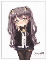 Rule 34 | 1girl, arm up, bad id, bad pixiv id, black gloves, black hoodie, black pantyhose, black ribbon, black skirt, blush, brown hair, character name, closed mouth, copyright name, dress shirt, fingerless gloves, foreign blue, girls&#039; frontline, gloves, hair between eyes, hair ornament, hairclip, hand up, head tilt, highres, hood, hood down, hoodie, long hair, looking at viewer, nose blush, open clothes, open hoodie, pantyhose, pleated skirt, ribbon, scar, scar across eye, scar on face, shirt, skirt, smile, solo, twintails, ump45 (girls&#039; frontline), very long hair, white shirt, yellow eyes