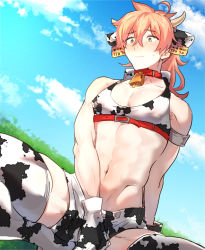 Rule 34 | 1boy, ahoge, animal costume, animal ears, animal print, bad id, bad pixiv id, bell, neck bell, belt, blush, bra, collar, covering privates, covering crotch, cow costume, cow ears, cow horns, cow print, cowbell, crossdressing, day, ear tag, fate/grand order, fate (series), green eyes, groin, horns, long hair, makita (homosapiensu), male focus, midriff, muscular, pink hair, ponytail, romani archaman, sky, solo, spread legs, thighhighs, underwear