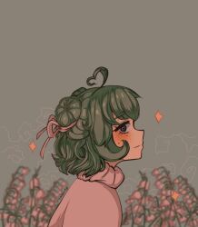 Rule 34 | 1girl, black eyes, curly hair, double bun, flower, green hair, hair bun, lily of the valley, muffin desu(vstreamer), nature, simple background, solo, virtual youtuber, white flower, yoheit
