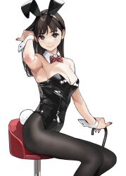 Rule 34 | 1girl, animal ears, arm up, armpits, bar stool, black thighhighs, bow, bowtie, breasts, brown eyes, brown hair, cane, cleavage, closed mouth, commentary, detached collar, fake animal ears, highres, holding, holding cane, leotard, looking at viewer, medium breasts, original, plaid, plaid bow, plaid bowtie, playboy bunny, red nails, simple background, smile, solo, stool, thighhighs, white background, wrist cuffs, yomu (sgt epper)