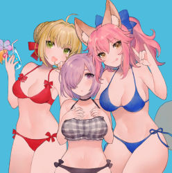 Rule 34 | 10s, 3girls, :d, :o, :q, ahoge, alternate costume, animal ears, bikini, black bikini, black neckwear, blue background, blue bikini, blue bow, bow, bow bikini, braid, breasts, choker, cleavage, commentary request, cowboy shot, fate/extra, fate/extra ccc, fate/grand order, fate (series), fox ears, fox tail, french braid, groin, hair bow, hair bun, hair intakes, hair over one eye, hair ribbon, hands on own chest, hands up, holding, large breasts, looking at viewer, mash kyrielight, medium breasts, midriff, miyako (xxxbibit), multiple girls, navel, nero claudius (bride) (fate), nero claudius (fate), nero claudius (fate) (all), nero claudius (fate/extra), open mouth, pink hair, ponytail, purple eyes, purple hair, red bikini, red bow, red ribbon, ribbon, short hair, side-tie bikini bottom, sidelocks, simple background, single hair bun, smile, stomach, strap gap, string bikini, swimsuit, tail, tamamo (fate), tamamo no mae (fate/extra), tamamo no mae (swimsuit lancer) (fate), tongue, tongue out