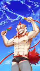 Rule 34 | 1boy, :p, abs, alternate costume, animal ears, arknights, bara, black male swimwear, brown fur, bulge, cowboy shot, dog boy, dog ears, food, furry, furry male, highres, holding, holding hose, horns, hose, hung (arknights), large pectorals, male focus, male swimwear, medium hair, multicolored hair, muscular, muscular male, navel, navel hair, nipple piercing, nipple rings, nipples, orange hair, pectorals, piercing, popsicle, single horn, solo, stomach, streaked hair, swim briefs, thick thighs, thighs, tongue, tongue out, topless male, two-tone fur, water, watermelon bar, white fur, white hair, yzpyn