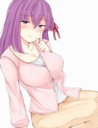 Rule 34 | 1girl, blouse, blush, breasts, cleavage, collarbone, cowboy shot, eyebrows, fate/stay night, fate (series), finger to mouth, hair ribbon, jirou (tamaho39), large breasts, long skirt, long sleeves, looking at viewer, matou sakura, purple eyes, purple hair, red ribbon, ribbon, shirt, sidelocks, simple background, sitting, skirt, solo, white background