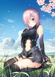 Rule 34 | 1girl, absurdres, ankle boots, armor, armored dress, bare shoulders, black dress, black gloves, black thighhighs, blue sky, blush, boots, breasts, closed mouth, clothing cutout, cloud, clover, day, dress, elbow gloves, fate/grand order, fate (series), field, four-leaf clover, full body, gloves, grass, grey footwear, hair over one eye, high heel boots, high heels, highres, holding, looking at viewer, mash kyrielight, medium breasts, navel, navel cutout, outdoors, pink hair, purple eyes, seiza, short hair, sitting, sky, sleeveless, sleeveless dress, smile, solo, sousouman, stomach, thigh strap, thighhighs, thighs
