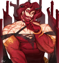 Rule 34 | 1boy, bara, bare shoulders, beard, character request, check character, check copyright, clothing cutout, copyright request, covered abs, covered erect nipples, covered navel, cross-laced clothes, cross-laced cutout, demon boy, demon horns, dress, facial hair, fingernails, gomtang, horns, large pectorals, male focus, mature male, muscular, muscular male, mustache, original, pectoral cleavage, pectorals, planted, planted sword, planted weapon, red dress, red eyes, scar, scar on arm, scar on chest, sharp fingernails, short hair, solo, sword, upper body, veins, weapon