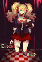 Rule 34 | 1girl, bear hair ornament, black shirt, blonde hair, blood, blue eyes, breasts, character name, cleavage, danganronpa (series), enoshima junko, hair ornament, hand on own hip, highres, hq (876704940), long hair, messy hair, monokuma, necktie, pink blood, pleated skirt, red skirt, shirt, skirt, sleeves rolled up, spoilers, twintails