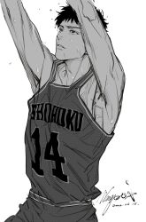 Rule 34 | 1boy, absurdres, armpits, arms up, bare arms, basketball uniform, chinese commentary, commentary, commentary request, cowboy shot, dated, english commentary, greyscale, highres, kami off record, looking up, male focus, mitsui hisashi, mixed-language commentary, monochrome, muscular, muscular male, parted lips, shorts, signature, simple background, slam dunk (series), solo, sportswear, sweat, tank top, thick eyebrows, white background