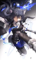 Rule 34 | animal ears, arknights, black hair, blue fire, boots, cape, fire, highres, long hair, necktie, orange eyes, silk, sword, tagme, tail, texas (arknights), texas the omertosa (arknights), thighhighs, weapon, wolf ears, wolf girl, wolf tail, yellow eyes, yipingtaopuzi