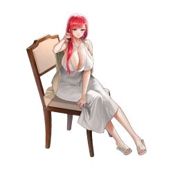 Rule 34 | 1girl, alternate hairstyle, blush, breasts, chair, cleavage, dress, earrings, flip-flops, full body, highres, hongryeon (last origin), huge breasts, jewelry, last origin, long hair, looking at viewer, mole, mole under eye, nail polish, necklace, official art, ponytail, purple eyes, red hair, red nails, sandals, see-through, sitting, skindentation, smile, solo, tachi-e, taesi, toenail polish, toenails, transparent background, white dress
