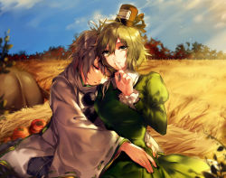 Rule 34 | 2girls, animal, arms around waist, blue sky, blurry, blush, breasts, cloud, day, depth of field, dress, field, finger to mouth, forest, green dress, green eyes, green hair, grey hair, hat, unworn hat, unworn headwear, hug (artist), hug (yourhug), japanese clothes, juliet sleeves, kariginu, large breasts, light particles, long hair, long sleeves, looking at viewer, mononobe no futo, multiple girls, nature, pom pom (clothes), ponytail, puffy sleeves, ribbon-trimmed sleeves, ribbon trim, riding, shirt, short hair, shushing, sitting, skirt, sky, sleeping, smile, soga no tojiko, sunlight, tate eboshi, touhou, wide sleeves