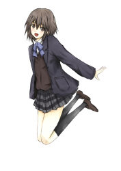 Rule 34 | 1girl, :d, arms behind back, black hair, black socks, black sweater vest, blazer, blue bow, blue bowtie, blue jacket, blush, bob cut, bow, bowtie, breasts, brown eyes, brown footwear, commentary, dairyo3, dress shirt, feet up, full body, highres, inaba himeko, jacket, jumping, kneehighs, kokoro connect, loafers, long sleeves, looking at viewer, open clothes, open jacket, open mouth, plaid, plaid skirt, pleated skirt, school uniform, shirt, shoes, short hair, simple background, skirt, small breasts, smile, socks, solo, sweater vest, white shirt, yamaboshi private high school uniform