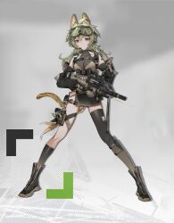 Rule 34 | 1girl, absurdres, ahoge, animal ears, arknights, assault rifle, asymmetrical legwear, belt, black footwear, black gloves, black socks, black thighhighs, boots, breasts, bullpup, cat ears, cat girl, cat tail, cleavage, collarbone, collei (genshin impact), commentary, detached sleeves, english commentary, finger on trigger, full body, genshin impact, gloves, goggles, goggles on head, green hair, grey background, gun, hair between eyes, headset, highres, holding, holding gun, holding weapon, kelun, kemonomimi mode, kneehighs, long hair, long sleeves, looking at viewer, medium breasts, p90, personal defense weapon, purple eyes, rifle, see-through, see-through cleavage, shoulder belt, side slit, sidelocks, simple background, socks, solo, spread legs, standing, submachine gun, suppressor, tactical clothes, tail, thigh belt, thigh strap, thighhighs, torn clothes, weapon