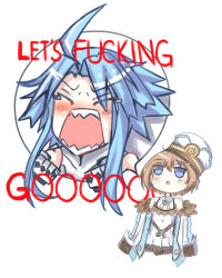 Rule 34 | 1girl, absurdres, ahoge, bare shoulders, bimmy, blanc (neptunia), blue eyes, blue hair, blush, brown hair, chibi, commentary, dress, dual persona, english commentary, english text, closed eyes, fur trim, hat, highres, jacket, jitome, light blue hair, meme, neptune (series), open mouth, profanity, screaming, screaming internally, short hair, short hair with long locks, sidelocks, simple background, white background, white dress, white headwear, white heart (neptunia), white jacket