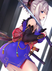 Rule 34 | 1girl, absurdres, ass, asymmetrical hair, black thighhighs, blue eyes, blue kimono, breasts, detached sleeves, earrings, fate/grand order, fate (series), hair ornament, highres, holding, holding sword, holding weapon, indoors, japanese clothes, jewelry, katana, kimono, large breasts, leaf print, looking at viewer, looking back, magatama, maple leaf print, miyamoto musashi (fate), miyamoto musashi (first ascension) (fate), muyoshito, obi, open mouth, pink hair, ponytail, sash, short kimono, sleeveless, sleeveless kimono, solo, sword, thighhighs, unsheathed, weapon, yoshito (muyoshito207)