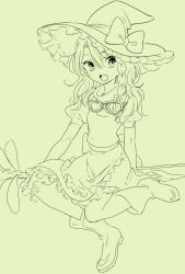 Rule 34 | 1girl, :o, apron, bad id, bad pixiv id, boots, bow, braid, broom, broom riding, full body, goggles, goggles around neck, green theme, hair between eyes, hat, hat bow, kirisame marisa, lineart, monochrome, open mouth, shinoasa, sideways glance, solo, touhou, turtleneck, waist apron, witch, witch hat