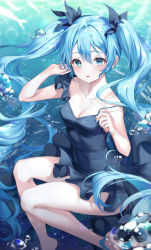 Rule 34 | 1girl, absurdres, air bubble, bare legs, black dress, blue eyes, blue hair, blue theme, bow, breasts, bubble, collarbone, dress, floating hair, freediving, hair between eyes, hair bow, hands up, hatsune miku, highres, long hair, looking at viewer, nail polish, parted lips, r o ha, sidelocks, sleeveless, sleeveless dress, small breasts, solo, twintails, underwater, very long hair, vocaloid, water