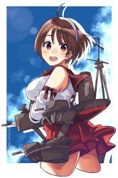 Rule 34 | 1girl, ahoge, blush, breasts, brown eyes, brown hair, cloud, cropped jacket, day, detached sleeves, hairband, kantai collection, large breasts, natori (kancolle), open mouth, red skirt, ribbon-trimmed sleeves, ribbon trim, rigging, sagamiso, sailor collar, short hair, skirt, sky, solo, twitter username, white hairband