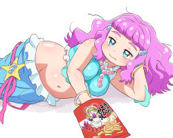 Rule 34 | 1girl, :t, ^ ^, antennae, apron, aqua shirt, arm rest, bag of chips, bangle, black dress, blouse, blue eyes, blunt bangs, bored, bracelet, breasts, character print, chips (food), closed eyes, closed mouth, colored skin, commentary, dress, eating, elbow rest, elda (precure), fang, fins, food, frilled apron, frills, green hair, groin, hair intakes, head fins, head rest, heart, heart in eye, jewelry, jitome, laura (precure), long hair, looking at viewer, lying, maid, maid apron, maid headdress, medium breasts, mermaid, messy hair, midriff, monster girl, multicolored hair, necklace, on side, open mouth, pearl hair ornament, pearl necklace, pink hair, pink skin, plump, precure, red hair, scales, shadow, shiny skin, shirt, shrimp, simple background, sleeveless, sleeveless shirt, snack, solo, stomach, streaked hair, symbol in eye, thick eyebrows, translated, tropical-rouge! precure, twintails, umi no tarako, wavy hair, wavy mouth, white background