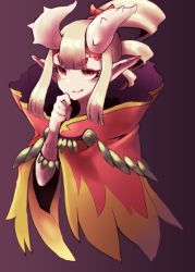 Rule 34 | 1girl, blonde hair, blunt bangs, bracelet, cloak, closed mouth, gradient background, hand up, highres, horns, iga (okame nin), jewelry, okame nin, original, pointy ears, ponytail, purple background, red eyes, skin-covered horns, smile, solo, spiked horns, v-shaped eyebrows