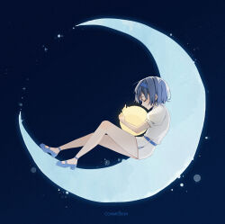 Rule 34 | 1girl, absurdres, belt, blue background, blue belt, blue footwear, blue hair, blue hairband, blush, cevio, closed eyes, closed mouth, commentary, commission, crying, english text, from side, full body, hairband, head down, highres, holding moon, moon, on crescent, profile, puffy short sleeves, puffy sleeves, reclining, sayonaka megumo, shirt, short hair, short shorts, short sleeves, shorts, simple background, skeb commission, solo, strappy heels, suzuki tsudumi, white shirt, white shorts
