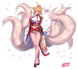 Rule 34 | 1girl, animal ears, artist name, bare legs, blonde hair, blush, china dress, chinese clothes, commentary request, dragon print, dress, folded ponytail, fox ears, fox tail, hair ornament, hair stick, jjune, long legs, long sleeves, multiple tails, obi, original, sash, simple background, solo, spoken blush, tail, wide sleeves, yellow eyes