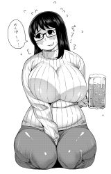 Rule 34 | 1girl, bad id, bad pixiv id, beer mug, blush, breasts, cup, glasses, greyscale, highres, huge breasts, monochrome, mug, plump, ribbed sweater, simple background, sitting, skin tight, smile, solo, sweater, synecdoche, thick thighs, thighs, turtleneck, white background, wide hips
