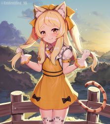 Rule 34 | 1girl, alternate hairstyle, animal ear fluff, animal ear legwear, animal ears, black bow, blonde hair, blush, bow, brown bow, brown dress, cat ear legwear, cat ears, cat girl, cat tail, closed mouth, cloud, commentary request, dress, fang, fang out, gloves, hair bow, highres, holding, holding own hair, long hair, looking at viewer, matsuri (princess connect!), outdoors, princess connect!, puffy short sleeves, puffy sleeves, railing, shirt, short sleeves, sky, sleeveless, sleeveless dress, smile, solo, standing, striped tail, sunset, tail, thick eyebrows, thighhighs, twitter username, two side up, unidentified nk, white gloves, white shirt, white thighhighs, yellow eyes