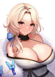 Rule 34 | 1girl, abeen jhong, absurdres, bare shoulders, blonde hair, blue ribbon, blush, breasts, cleavage, closed mouth, coat, collarbone, fur-trimmed coat, fur-trimmed kimono, fur trim, goddess of victory: nikke, hair ribbon, highres, huge breasts, japanese clothes, kimono, long hair, looking at viewer, ludmilla (nikke), ludmilla (winter owner) (nikke), official alternate costume, orange eyes, parted bangs, ribbon, smile, solo, upper body, white kimono