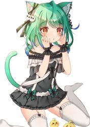 Rule 34 | 1girl, :o, absurdres, animal ear fluff, animal ears, black dress, blush, bow, breasts, cat ears, choker, dress, ear ribbon, earrings, eyes visible through hair, frilled straps, frilled thighhighs, frills, garter straps, gothic lolita, green hair, hair ornament, hands on own face, highres, hololive, jewelry, lace, lace choker, lazy eye, lolita fashion, nail polish, narurock8925, off-shoulder dress, off shoulder, orange eyes, red nails, short hair, short sleeves, sidelocks, sitting, skull hair ornament, small breasts, solo, thighhighs, uruha rushia, uruha rushia (3rd costume), virtual youtuber, wariza, white background, white garter straps, white thighhighs, zettai ryouiki