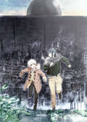 Rule 34 | 2boys, albino, blue hair, breath, city, cityscape, clenched hands, coat, day, fence, foreshortening, highres, jacket, leaf, looking back, male focus, multiple boys, nature, nezumi (no.6), no.6, official art, open clothes, open jacket, open mouth, outdoors, plant, red eyes, road, running, scarf, science fiction, shion (no.6), shirt, short hair, sky, toi8, wall, white hair