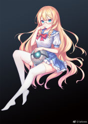 Rule 34 | 1girl, :3, bespectacled, black background, blonde hair, blue eyes, blue sailor collar, blue skirt, blush, bow, bowtie, commentary request, cynthia (iron saga), drone, frills, full body, glasses, gradient background, hand up, high-waist skirt, invisible chair, iron saga, latioss, long hair, looking at viewer, miniskirt, no shoes, pleated skirt, red-framed eyewear, sailor collar, school uniform, semi-rimless eyewear, shirt, short sleeves, sitting, skirt, smile, solo, thighhighs, very long hair, white shirt, white thighhighs, zettai ryouiki