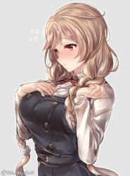 Rule 34 | 1girl, alternate costume, asashio (kancolle), blush, braid, breasts, closed mouth, dress, grey background, juurouta, kantai collection, large breasts, light brown hair, long hair, long sleeves, looking away, minegumo (kancolle), pinafore dress, red eyes, shirt, simple background, sleeveless dress, solo, twin braids, twitter username, white shirt