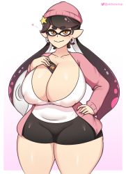 Rule 34 | 1girl, beanie, between breasts, bike shorts, black hair, black shorts, border, breasts, callie (splatoon), cleavage, closed mouth, collarbone, cowboy shot, curvy, domino mask, earrings, gradient background, hat, highres, huge breasts, jacket, jewelry, long sleeves, looking at viewer, mask, mole, mole under eye, nintendo, no bra, orange eyes, pink background, pink hair, pointy ears, shiny skin, shirt, shorts, smile, solo, splatoon (series), splatoon 2, standing, startop, thick eyebrows, thick thighs, thighs, twintails, white background, white border, white shirt