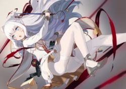 Rule 34 | 1girl, :o, azur lane, blue eyes, blurry, blurry background, blush, breasts, commentary request, depth of field, double bun, dress, grey background, grey footwear, hair bun, high heels, holding, holding sword, holding weapon, le malin (azur lane), long hair, long sleeves, medium breasts, open mouth, pantyhose, peroncho, saber (weapon), shoe soles, shoes, sidelocks, silver hair, solo, sword, thighband pantyhose, underboob, very long hair, weapon, white dress, white pantyhose