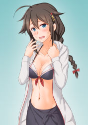 Rule 34 | 1girl, ahoge, anti (untea9), bikini, bikini under clothes, black bikini, black sarong, blue eyes, braid, breasts, brown hair, collarbone, front-tie top, gradient background, green background, hair between eyes, hair flaps, hair ornament, highres, jacket, kantai collection, long hair, long sleeves, looking at viewer, medium breasts, navel, open clothes, open jacket, sarong, shigure (kancolle), shigure kai ni (kancolle), single braid, solo, sweatdrop, swimsuit, swimsuit under clothes, white jacket