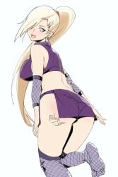 Rule 34 | 1girl, artist name, ass, bare shoulders, blonde hair, blue eyes, body writing, breasts, crop top, earrings, fishnets, from behind, hair over one eye, high ponytail, highres, jewelry, large breasts, long hair, looking at viewer, looking back, midriff, naruto (series), naruto shippuuden, open mouth, pantylines, ponytail, relaxjon, simple background, skirt, sleeveless, smile, solo, standing, standing on one leg, thighhighs, very long hair, watermark, white background, yamanaka ino