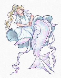 Rule 34 | 1girl, blonde hair, blue dress, blue eyes, blue scales, chikafumikou, dress, fins, frown, full body, head fins, highres, mermaid, monster girl, original, own hands together, pink scales, scales, side ponytail, sidelocks, solo, white background