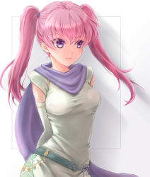 Rule 34 | 1girl, arms behind back, belt, breasts, dress, elbow gloves, fire emblem, fire emblem: the blazing blade, gloves, hair between eyes, lips, long hair, medium breasts, nintendo, pink hair, purple eyes, scarf, serra (fire emblem), shadow, simple background, smile, solo, twintails, umehime, upper body, white background, white dress, white gloves