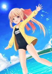 Rule 34 | 1girl, arm up, beach, brown hair, cloud, covered navel, day, gluteal fold, highres, jacket, legs, long hair, ocean, open mouth, original, outdoors, outstretched arms, ponytail, red eyes, ribbon, school swimsuit, sky, smile, solo, sun, swimsuit, wading, yellow jacket