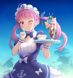 Rule 34 | 1girl, anchor print, anchor symbol, blue dress, blue hair, blue ribbon, blue sky, blunt bangs, bow, bowtie, braid, breasts, cherry, cleavage, closed mouth, cloud, collarbone, colored inner hair, commentary request, cup, dress, drill hair, food, french braid, fruit, hair ribbon, haniwa (leaf garden), highres, holding, holding food, holding tray, hololive, ice cream, index finger raised, long hair, macaron, maid, maid headdress, medium breasts, minato aqua, minato aqua (1st costume), multicolored hair, nail polish, one eye closed, orange (fruit), orange slice, parfait, pocky, purple eyes, purple hair, ribbon, sidelocks, sky, smile, solo, star (sky), starry sky, strawberry, streaked hair, teacup, tray, twin drills, twintails, two-tone hair, virtual youtuber, wrist cuffs