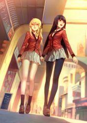 Rule 34 | 2girls, absurdres, arms at sides, bare legs, black hair, black legwear, black neckwear, blonde hair, blurry, blurry background, bolo tie, breasts, collared shirt, commentary, copyright name, day, dutch angle, from below, hair between eyes, hair ribbon, hand grab, highres, hime cut, holding hands, jabami yumeko, jacket, kakegurui, loafers, long hair, looking away, medium breasts, multiple girls, open mouth, outdoors, pantyhose, parted lips, pleated skirt, red eyes, red jacket, ribbon, saotome mary, sawamaharu, school uniform, shade, shirt, shoes, shopping district, sidewalk, skirt, smile, socks, storefront, sunlight, thumb ring, two side up, very long hair, walking, white shirt, white skirt, yellow eyes, yuri