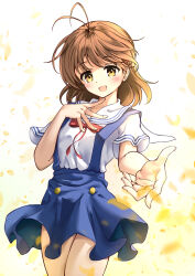 Rule 34 | 1girl, absurdres, antenna hair, autumn leaves, blue skirt, blush, bow, bowtie, breasts, brown hair, clannad, eyelashes, fingernails, furukawa nagisa, hand on own chest, hato maron, highres, looking at viewer, medium hair, miniskirt, open mouth, outstretched arm, reaching, reaching towards viewer, red bow, red bowtie, sailor collar, school uniform, shirt, sidelocks, simple background, skirt, small breasts, smile, solo, standing, suspender skirt, suspenders, thighs, white sailor collar, white shirt, yellow eyes