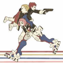 Rule 34 | 00s, 1girl, 2boys, bad id, bad pixiv id, blonde hair, carrying, carrying over shoulder, carrying under arm, cyborg, gun, jr., kutta, limited palette, m.o.m.o., multiple boys, pink hair, red hair, shoulder carry, weapon, xenosaga, ziggy