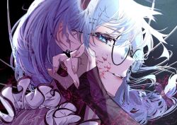 Rule 34 | 1girl, blood, blood on face, blue eyes, blue hair, earrings, floating hair, from side, glasses, hand up, highres, hololive, hoshimachi suisei, hoshimachi suisei (maid), jewelry, long hair, long sleeves, looking at viewer, parted lips, portrait, profile, round eyewear, signature, sleeves past wrists, solo, star (symbol), star in eye, symbol in eye, urotare, virtual youtuber