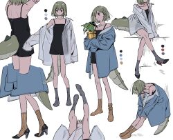 Rule 34 | against wall, black footwear, black leotard, blue coat, brown eyes, coat, collage, cropped head, cropped legs, cropped torso, double-parted bangs, dragon boy, dragon tail, fashion, full body, green hair, hana (adey), high heels, highres, leaning, leotard, medium hair, off shoulder, open clothes, open shirt, original, oversized clothes, see-through, shirt, sitting, sketch, sleeves past fingers, sleeves past wrists, socks, standing, tail, ten (lu2948d), trap, white background, white shirt, yellow socks