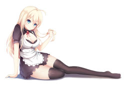 Rule 34 | 1girl, ahoge, arm support, black thighhighs, blonde hair, blue eyes, blush, breasts, cleavage, feet, kagami (galgamesion), long hair, looking at viewer, maid, no shoes, original, shiny skin, simple background, skindentation, solo, thighhighs, white background, zettai ryouiki
