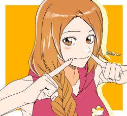 Rule 34 | 1girl, absurdres, bleach, border, braid, braided ponytail, brown eyes, close-up, closed mouth, commentary request, drop shadow, eyebrows hidden by hair, eyelashes, finger to cheek, hands up, happy, highres, index fingers raised, inoue orihime, korean commentary, light blush, long hair, looking at viewer, low ponytail, n (nauki 11), nose, orange background, orange hair, parted bangs, pink shirt, shirt, simple background, sleeveless, sleeveless shirt, smile, solo, tsurime, white border
